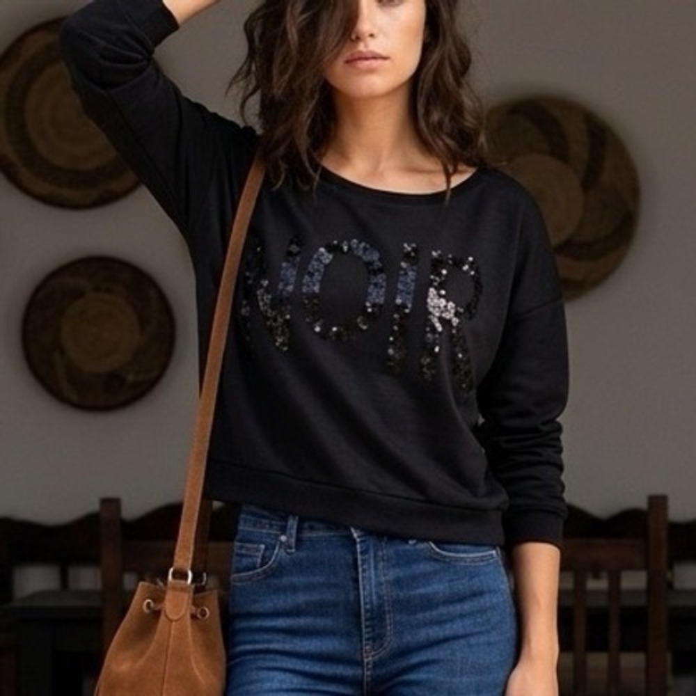 Rock & Republic Noir Sequin Graphic Sweatshirt Black Small Long Sleeve RN73277